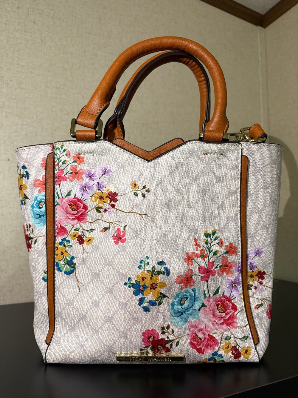 Steve Madden Floral Print Crossbody Bag in Cream with Pink, Blue & Tan Trim